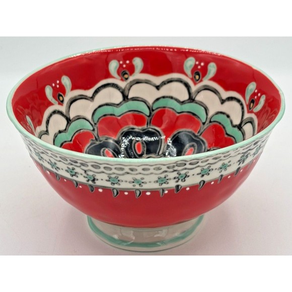 ANTHROPOLOGIE Footed Bowl Akaya Elka Red Bohemian Floral Handpainted Cereal Soup - Picture 6 of 13